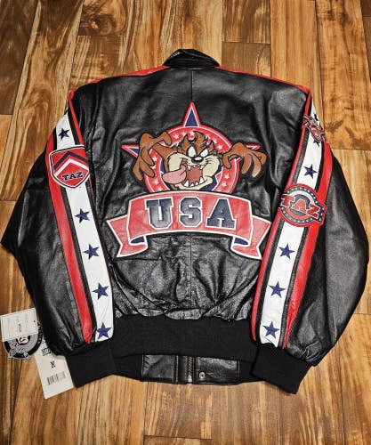 NEW Vintage Taz Tasmanian Devil Looney Toons 100% Leather Jacket Black Size Med