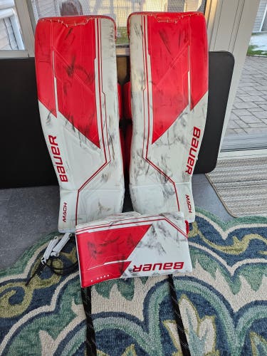 Bauer Mach goal pads (size M 34+), with matching Mach blocker