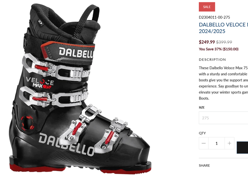 NEW Dalbello Veloce Max 75 Ski Boots 2025 29/ 2895 mondo = US 11/11.5