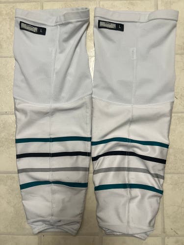 San Jose Sharks Barracuda White Teal Senior Large CCM Socks Pro Stock (Game Worn) SEE PHOTOS