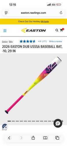 2026 Easton Dub Composite USSSA Certified Bat (-10) 19 oz 29" (New)