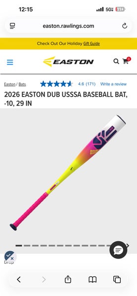 2026 Easton Dub Composite USSSA Certified Bat (-10) 19 oz 29" (New)