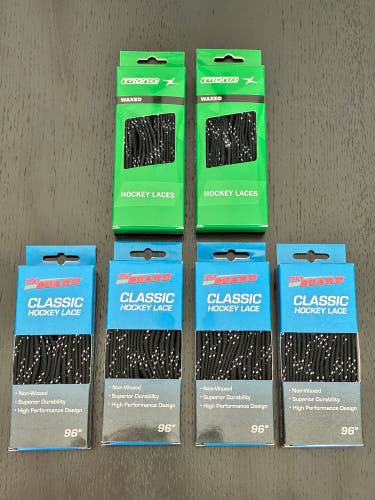 Four Pairs Unwaxed Black Laces, 96” New; Two Pairs Waxed, 96” New