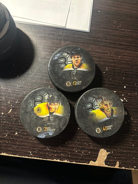 Old Boston Bruins player pucks (3 pack)