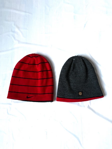 Nike Manchester United black and red beanie cap reversible stripes one size