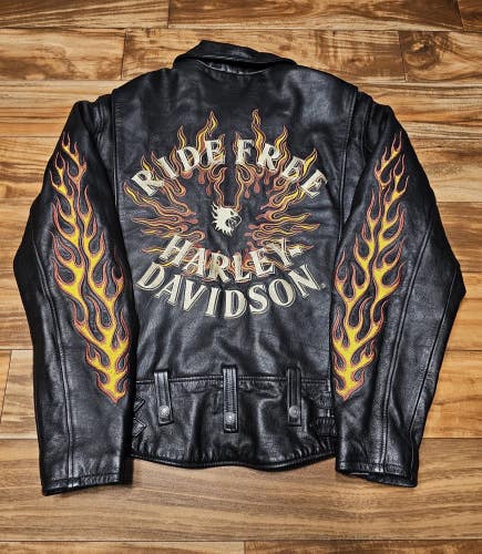 Vintage Harley Davidson 100% Leather Motorcycle Eagle Flames Jacket Coat Size M