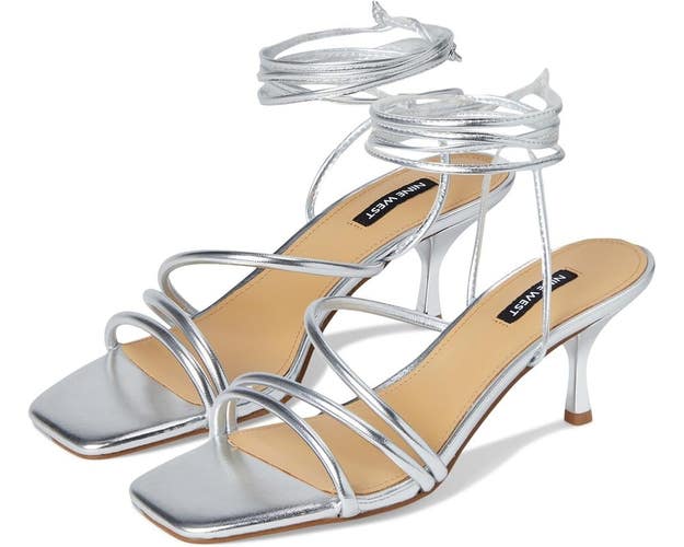 Nine West Hendy Sandals Women's 7 Silver Leather Ankle Strap Kitten Heel TZP936