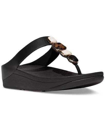 FitFlop Fino Sandal Women's US 5 Black Leather Stone Toe Post Flip Flop TZP725