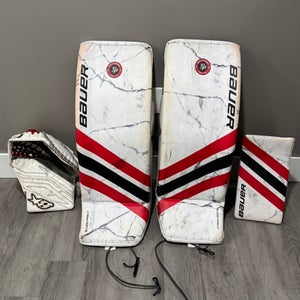 Bauer Custom Supreme Shadow Digiprint Goalie Set with brians iconik glove. Size small (33”) pads.