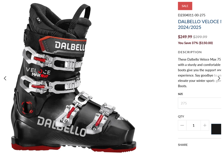 NEW Dalbello Veloce Max 75 Ski Boots 2025 27/27.5mondo = US 9/9.5