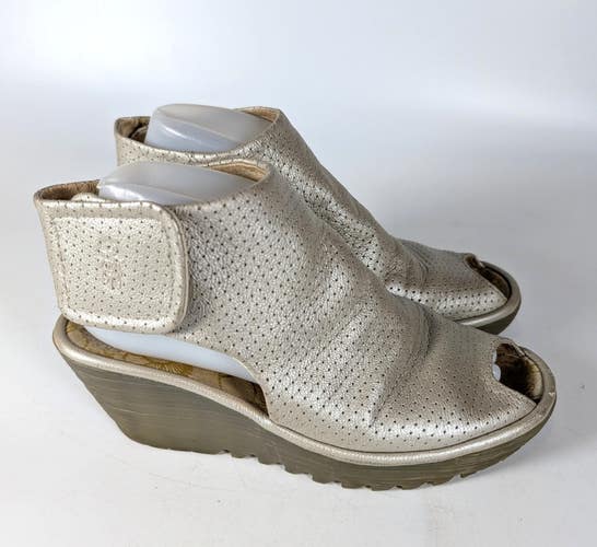 Fly London Yahl Metallic Silver Open Toe Platform Wedge Size 39 / US 8