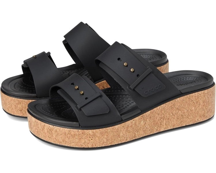 Crocs Brooklyn Cork Sandals Women's US 11 Black Round Toe Wedge Heel TZP883
