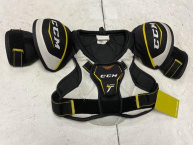 Used CCM SUPER TACKS Youth Shoulder Pads White/Black/Yellow SM 11855-S000195318