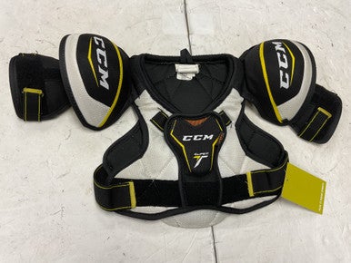 Used CCM SUPER TACKS Youth Shoulder Pads White/Black/Yellow SM 11855-S000195318