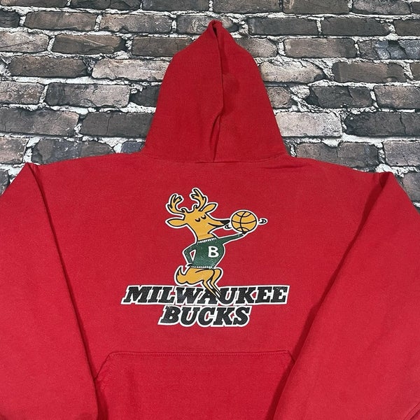 Vintage Milwaukee Bucks Graphic Print Hoodie Sweatshirt Mens Size L ? Red Rare