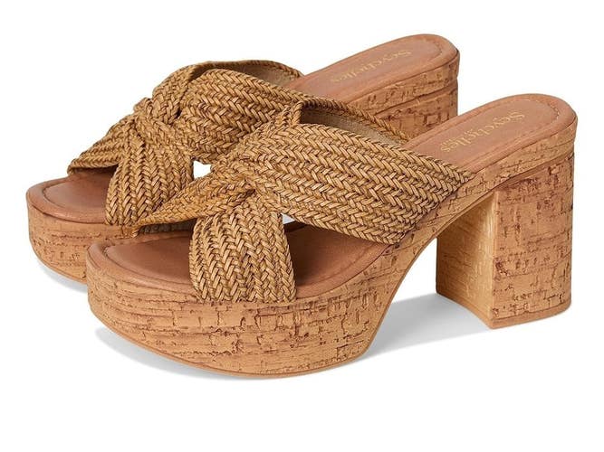 Seychelles Adorned Raffia Slide Women 6.5 Brown Block Heel Platform Shoes TZP765