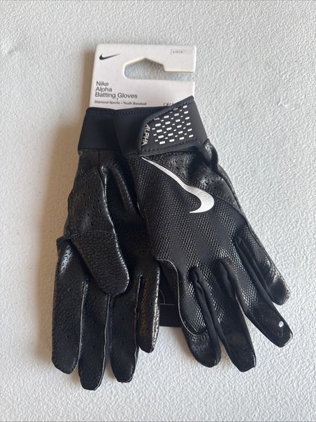 Nike Alpha Batting Gloves Youth Unisex Size LG  Black/Black/Grey  (INV324)