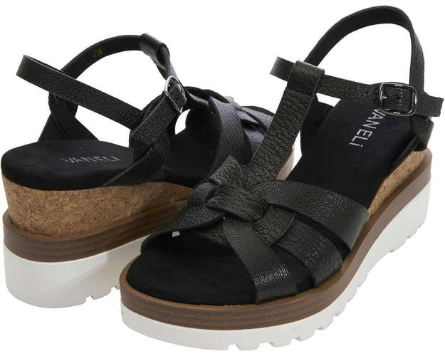 Vaneli Carly Sandals Women's US 7.5 Black Grained Met Leather Wedge Heel TZP843