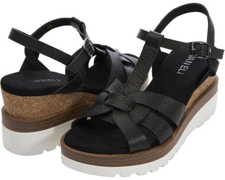 Vaneli Carly Sandals Women's US 7.5 Black Grained Met Leather Wedge Heel TZP843
