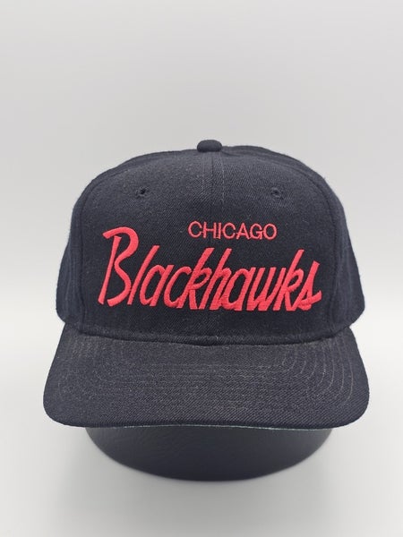 Vintage Chicago Blackhawks Black Dome 100% Wool Pro Star Script Hat Cap Snapback