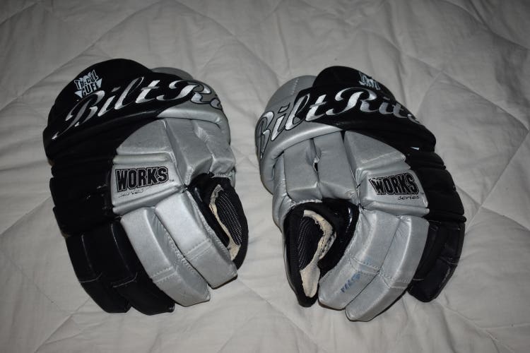 Vintage BiltRite Works Series 14" Hockey Gloves, Black/Silver - Good Condition!
