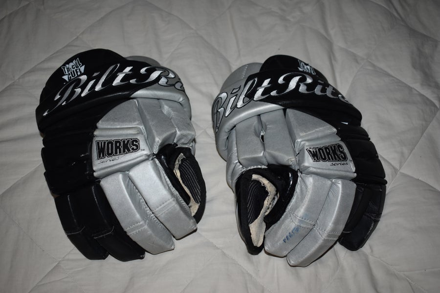 Vintage BiltRite Works Series 14" Hockey Gloves, Black/Silver - Good Condition!