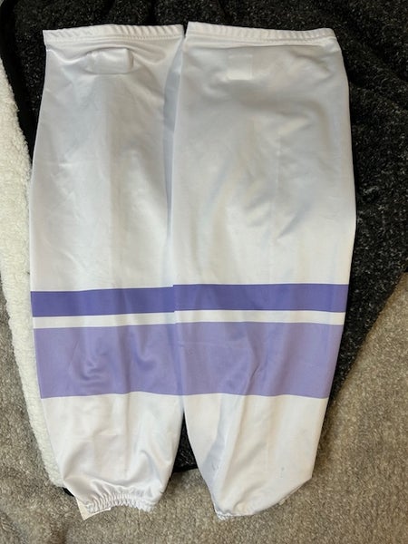 White with Purple Hockey Fights Cancer Night Hockey Socks, Pro Stock, L
