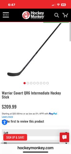 (New) Intermediate Warrior Covert QR6 Right Handed Hockey Stick W03 55 Flex .