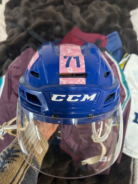 Mississauga Steelheads OHL Pro Stock Blue Medium CCM Helmet - Cancer Night