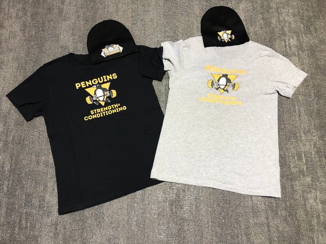 Lot of Pittsburgh Penguins Barbell Penguin Strength & Conditioning Workout Gym Shirts & Hats
