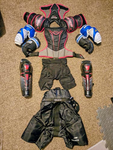 Youth Large Bauer Chest Shoulder Arm Elbow Knee Shin Guards Pants Gloves starter kits protection