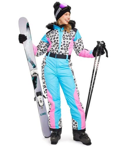 Tipsy Elves Ski Snow Suit Women's Size L Snow Leopard Pink Blue Faux Fur Read