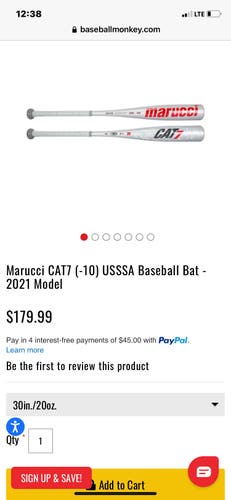 Used MAYBE TWICE!! Marucci CAT 7 MSBC7X10 USSSA 2 3/4" Barrel Bat 30" -10 Drop 11506-S000242702