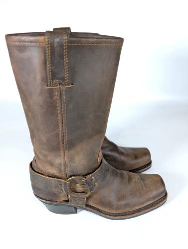 Frye Boots Brown Leather Harness Square-Toe Womens 6.5 Moto Chic Biker Western