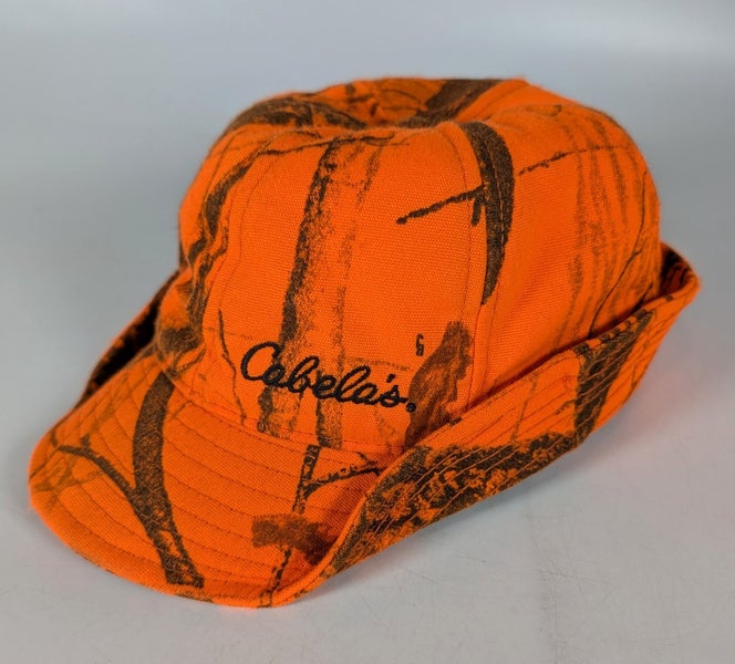 Vtg Cabela's Blaze Orange Camo Hunting Ear Flap Hat Insulated Winter Cap Sz M