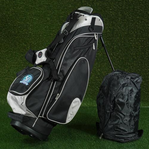 MENS GOLF STAND BAG 7 WAY TOP BAG, SILVER / BLACK ~ 50 YEARS EMBROIDERY ~ NICE!
