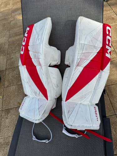 *** SET*** 28" 2024 CCM 6.5 Goalie Leg Pads - Warrior R/G7 Glove Blocker set red/white