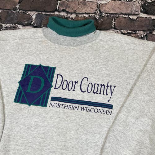 Vintage Door County Fleece Mock Neck Sweatshirt Mens L Gray Wisconsin Sweater