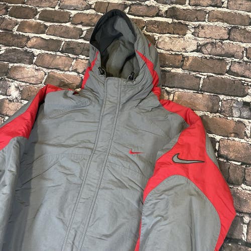 Vintage Y2K Nike Red Gray Hooded Fleece Lined Jacket Winter Coat Size 2XL Rare