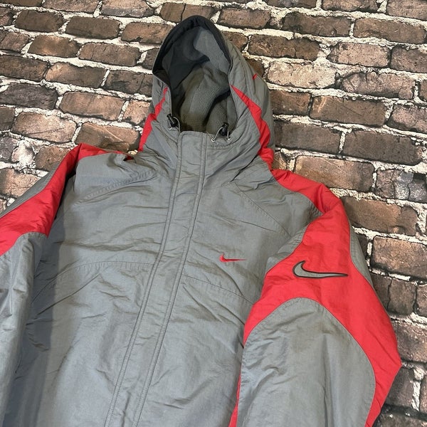 Vintage Y2K Nike Red Gray Hooded Fleece Lined Jacket Winter Coat Size 2XL Rare