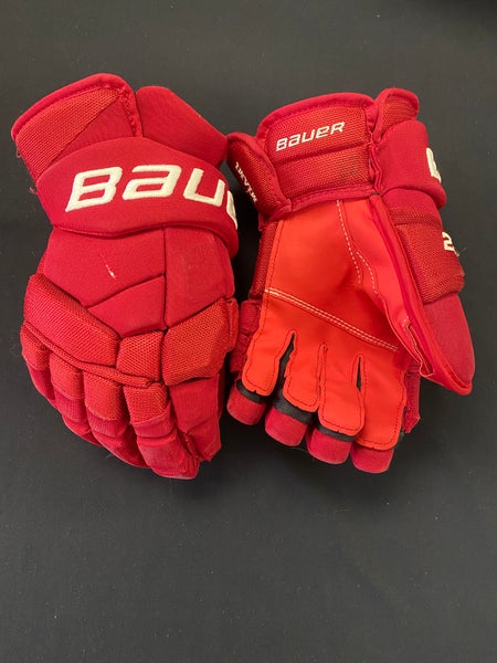 Pro Stock Return 14” Bauer 2S Pro Ice Hockey Gloves Custom Red AX Suede Palms