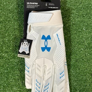 Large Adult White/Blue Under Armour F9 Nitro Limited Ice Edition Receiver Gloves (New)