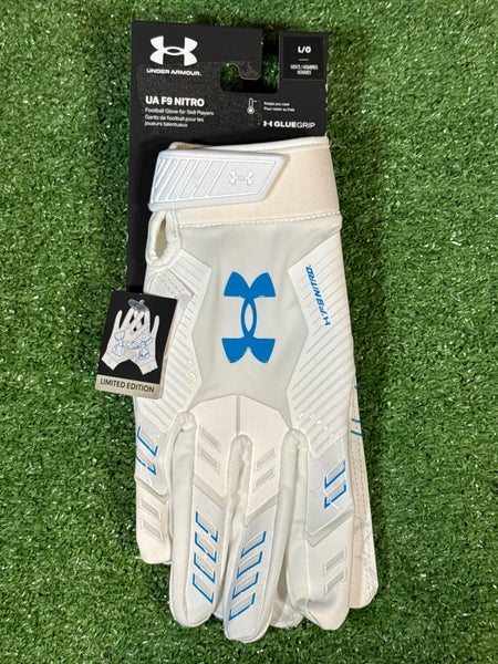 Large Adult White/Blue Under Armour F9 Nitro Limited Ice Edition Receiver Gloves (New)