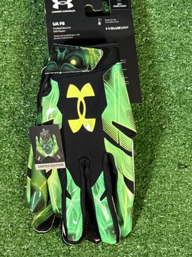 Large Adult Green/Black Under Armour F8 Limited Edition Skull Receiver Gloves (New)