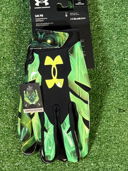 Large Adult Green/Black Under Armour F8 Limited Edition Skull Receiver Gloves (New)