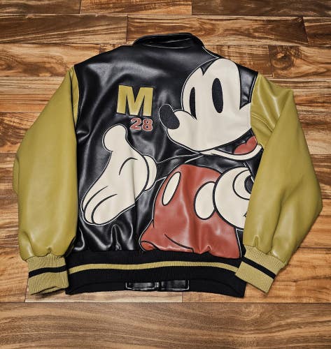 Vintage Mickey Mouse Walt Disney 1928 Varsity Faux Leather Y2K Jacket Sz Medium