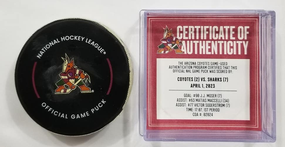 4-1-23 J.J. JJ  MOSER Arizona Coyotes vs San Jose Sharks NHL Game Used GOAL PUCK