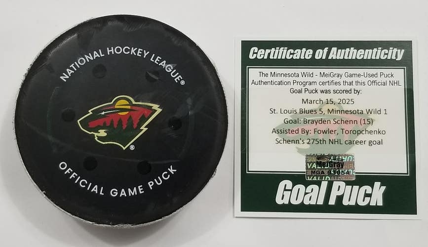 3-15-25 BRAYDEN SCHENN St. Louis Blues at Minnesota Wild Game Used GOAL Puck