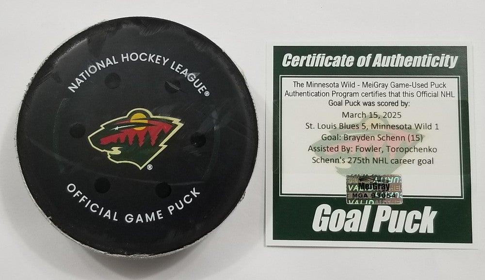 3-15-25 BRAYDEN SCHENN St. Louis Blues at Minnesota Wild Game Used GOAL Puck