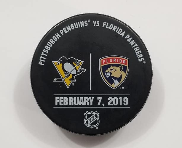 2-7-19 Pittsburgh Penguins at Florida Panthers WARM-UP NHL Hockey Puck
